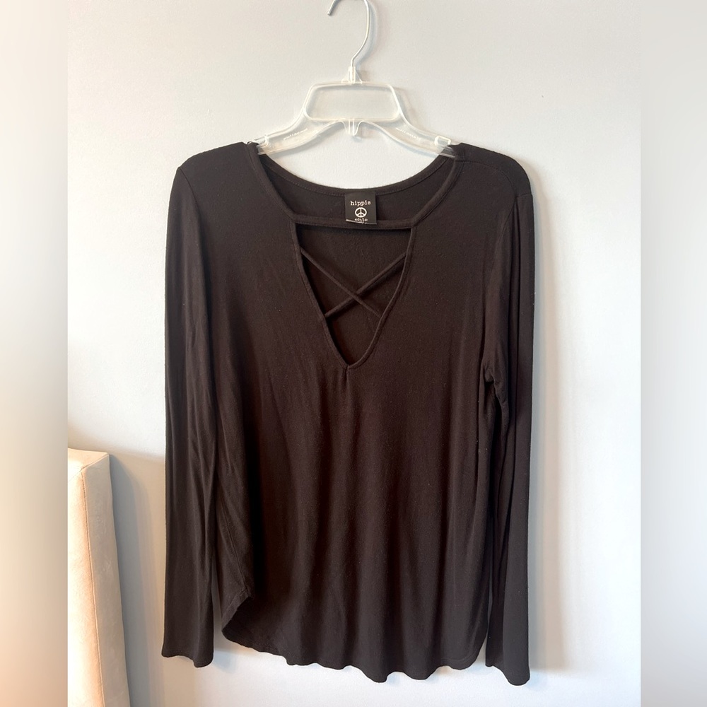 Black Cut Out Blouse with Long Sleeves